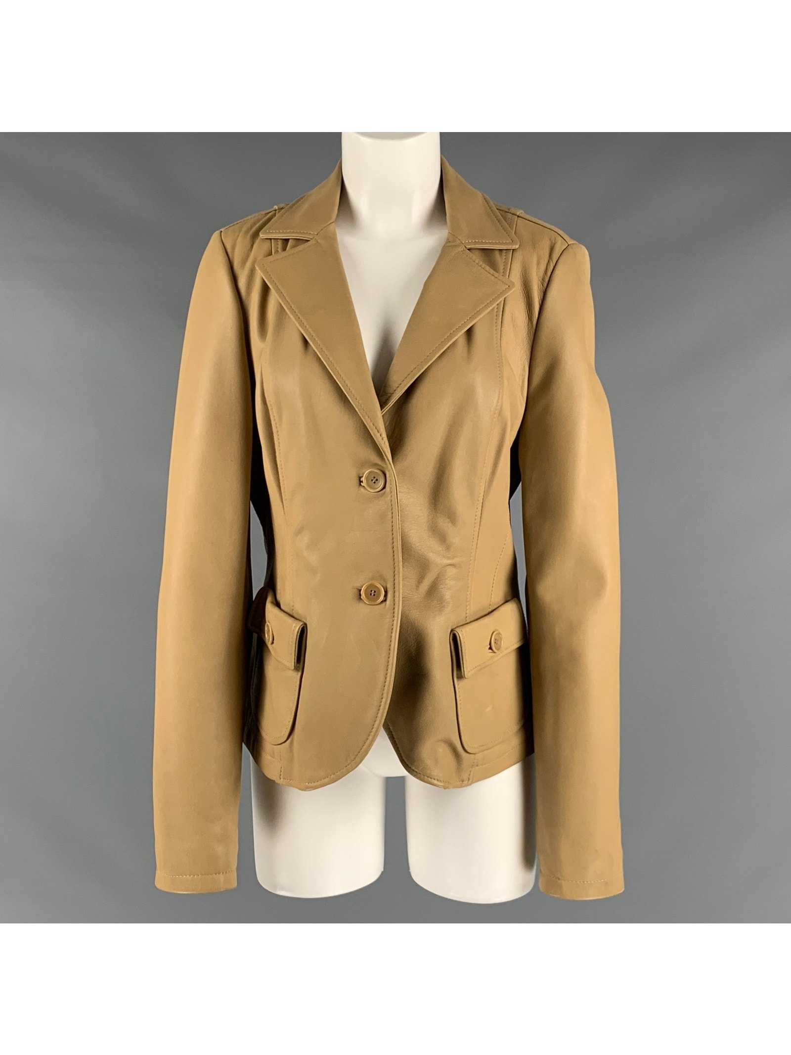 Santino Size 12 Khaki Leather Notch Lapel Jacket
